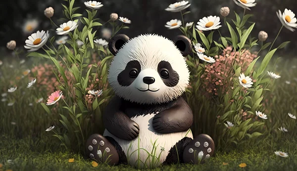 Roztomilý Karikatura Panda Sedí Trávě Květinami — Stock fotografie