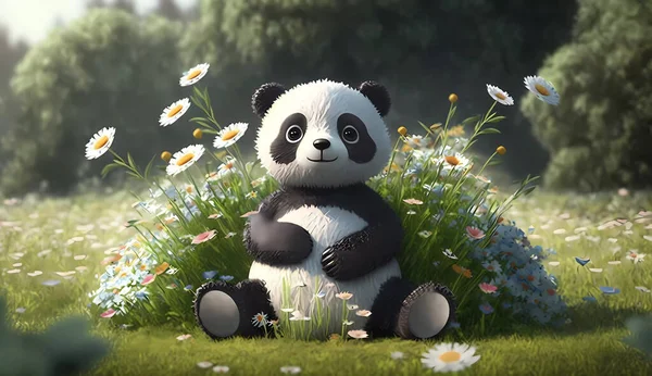 可爱的卡通熊猫坐在草地上 开着花 — 图库照片