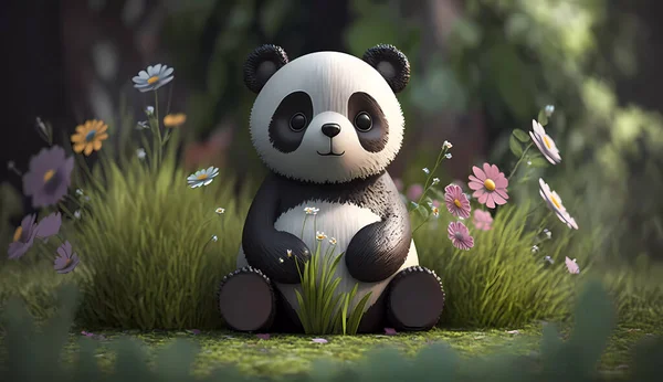 Cute Cartoon Panda Sitting Grass Flowers — Stock Photo, Image