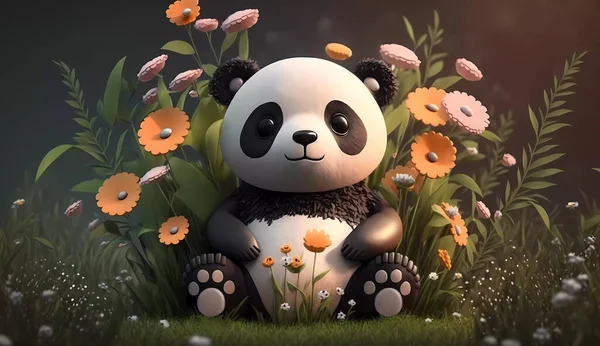 Çiçeklerle Çimlerin Üzerinde Oturan Sevimli Panda — Stok fotoğraf