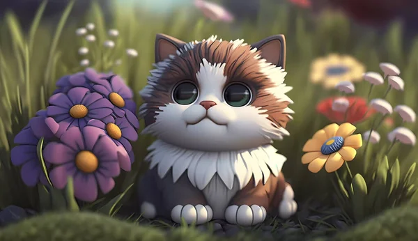 かわいい漫画子猫は花と草の上に座って — ストック写真