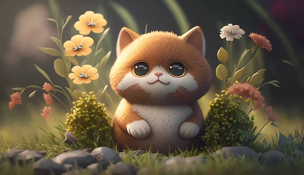 Cute Cartoon Kitten Sitting Grass Flowers — Stock Photo, Image