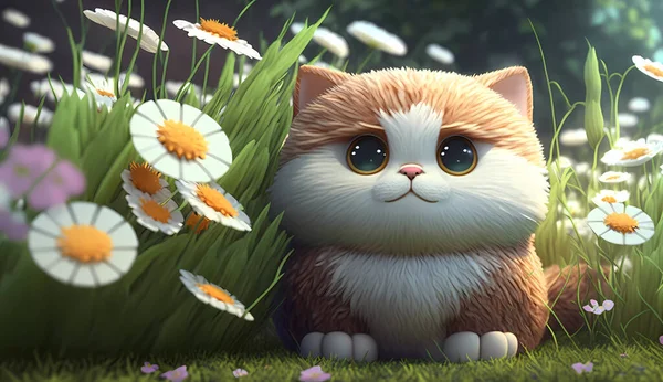 可爱的卡通猫坐在草地上 开着花 — 图库照片#