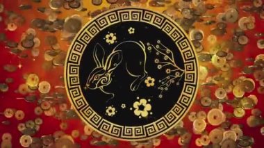 Çin Bahar Festivali, kırmızı arka planda düşen altın sikkeler Yeni Yıl kutlamaları için zenginliğin sembolü. Yüksek kalite 4k görüntü