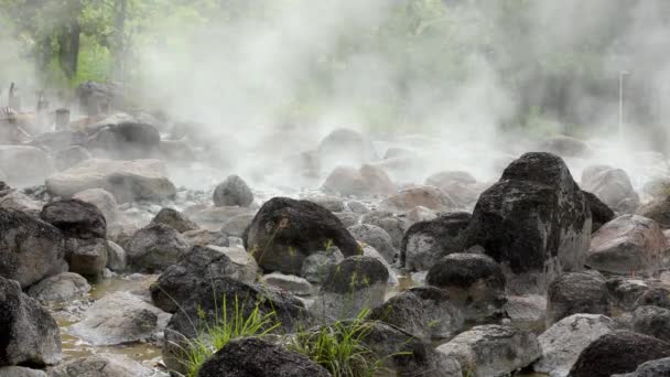 Dampf Über Heißem Wasser Und Felsen Einer Schwefelthermalquelle Einem Nationalpark — Stockvideo