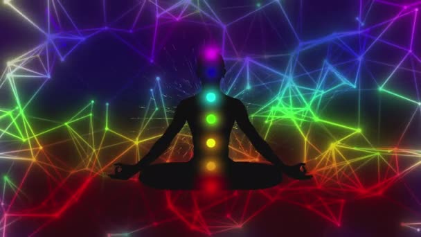 Cosmic Fusion Meditating Figure Embraced Cyclical Aura Animation Inglés Imágenes — Vídeo de stock