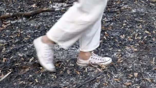 黒い木々と灰に覆われた大地の中で 白いドレスを着た女性が火の森の中を優美に歩いている 高品質4K映像 — ストック動画