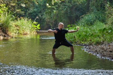 Pratik, orman nehrinde qigong ve taijiquan yapan bir adamı mükemmelleştirir. Yüksek kalite fotoğraf