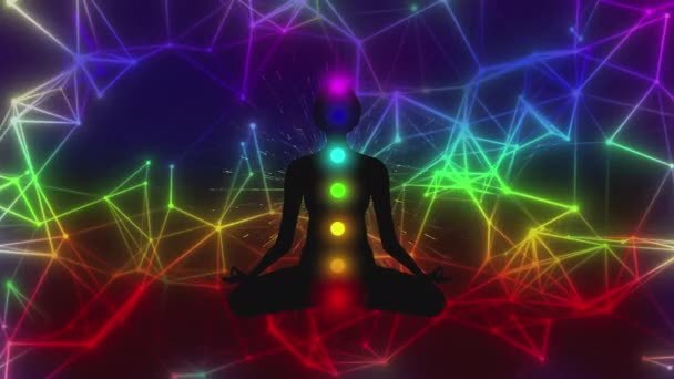 Cosmic Fusion Meditating Woman Figure Embraced Looping Aura Animation Inglés — Vídeo de stock