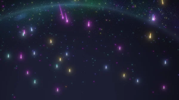 Kometen Und Meteore Verschiedenen Farben Inmitten Einer Sternenkulisse Mit Fackeln — Stockfoto