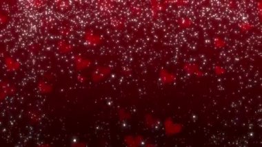 Sevgililer Günü 'nün kırmızı arka planı, tasarımın için parlayan bokeh konfeti ışığı ve parıltılı doku örtüsüyle. Şen şakrak altın tozu. Davetiyeler, afişler, reklamlar için tatil tozu