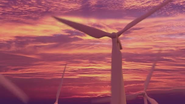 Gros Plan Aérien Des Éoliennes Coucher Soleil Tournant Sous Effet — Video