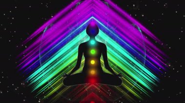 Kadın şekli meditasyonda, sonsuz enerjik kalıplarda bulunur: insan aurasının 3 boyutlu animasyonu ve çakraların esrarengiz bir tarzda, kusursuz döngü animasyonu. Yüksek kalite 4k görüntü
