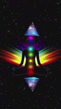 Kadın şekli meditasyonda, enerjik üç boyutlu animasyonda bulunur: insan aura alanları, çakralar ve ezoterik desenler, kusursuz döngü animasyonu. Yüksek kalite 4k görüntü