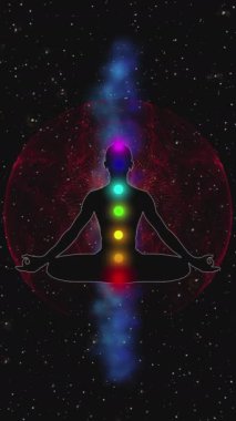 Erkek şekli meditasyonda oturur, insan aurasının 3 boyutlu büyüleyici animasyonu: enerji, çakra ve ışık sonsuz bir meditasyon döngüsünde, kusursuz döngü animasyonu. Yüksek kalite 4k görüntü