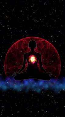 Kadın şekli meditasyonda oturur, insan aurasının 3 boyutlu büyüleyici animasyonu: enerji, çakra ve ışık sonsuz bir meditasyon döngüsünde, kusursuz döngü animasyonu. Yüksek kalite 4k görüntü