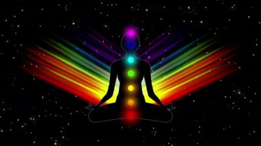 Kadın şekli meditasyonda, sonsuz enerji kalıplarında bulunur: İnsan aurasının 3 boyutlu animasyonu ve çakraların esrarengiz bir dokunuşu, kusursuz döngü animasyonu. Yüksek kalite 4k görüntü