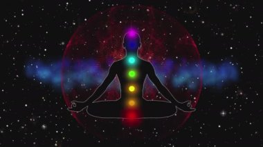 Erkek şekli meditasyonda bulunur, döngüsel 3D aura animasyonu: çakraların, enerjinin ve ışığın meditasyon için görselleştirilmesi, kusursuz döngü animasyonu. Yüksek kalite 4k görüntü