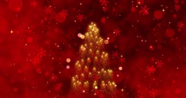 Neşeli Bayram Ruhunu Kutlamak İçin Mükemmel Kırmızı Kar Taneleri ile çevrili Altın Noel Ağacının Göz kamaştırıcı Animasyon Gösterimi. Yüksek kalite 4k görüntü