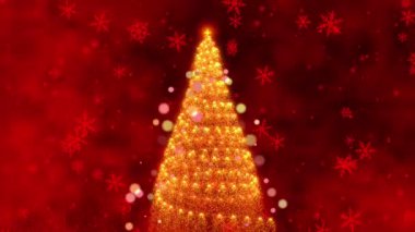 Parlayan Işıklar ve Yüzen Kar Taneleri ile süslenmiş ışıltılı bir Noel Ağacı 'nın Canlı Kırmızı Arkaplanına Karşı Bir Neşeli Döngü Animasyonu. Yüksek kalite 4k görüntü