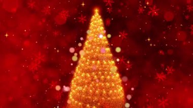Kıvılcımlı Altın Noel Ağacı 'nın Kar Taneleri ve Parıldayan Yıldızlarla süslenmiş Kırmızı Zemine Karşı Ortaya Çıktığı Büyüleyici Bir Döngü Animasyonu. Yüksek kalite 4k görüntü
