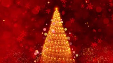 Kartaneleri ve Işıldayan Işıklar ile çevrili Parlayan Noel Ağacı 'nın yer aldığı Kırmızı Şenlikli Animasyon Bir Döngü Sunumunda Holiday Sezonunun Büyüsünü Yakalıyor. Yüksek kalite 4k görüntü