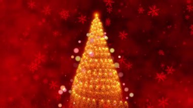 Büyülü Tatil Yolculuğu: Kıvılcımlı Süslerden Şenlikli Kırmızı Arkaplandaki Kar Taneleri ile çevrili Büyüleyici Noel Ağacına Dönüşen Animasyon. Yüksek kalite 4k görüntü