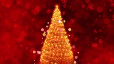 Işıkların Kutlanması: Parlak Süsleme ve Altın Aksanlar Kızıl Kar Tanesi Arkaplanına Karşı Güzel Bir Tatil Ağacını Aydınlatıyor. Yüksek kalite 4k görüntü