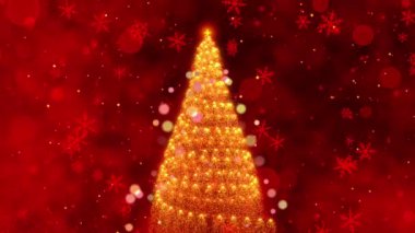 Parlayan Süslemeler ve Sıcak Kırmızı Atmosferde Düşen Kar Taneleri ile çevrili ışıldayan bir Noel Ağacı içeren Sihirli Bir Tatil Sahnesi. Yüksek kalite 4k görüntü