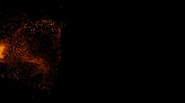 Ateş parçacıkları siyah arkaplan üzerinde yatay olarak soyut animasyon olarak hareket ediyor.