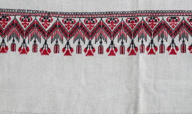 Ukrayna nakışı üzerine ulusal süs. Eski Ukrayna havluları ve masa örtüleri, nakış ve desenlerin yerleştirilmesi. Ev yapımı kumaş. El yapımı. 19. ve 20. yüzyılın nakış işi..