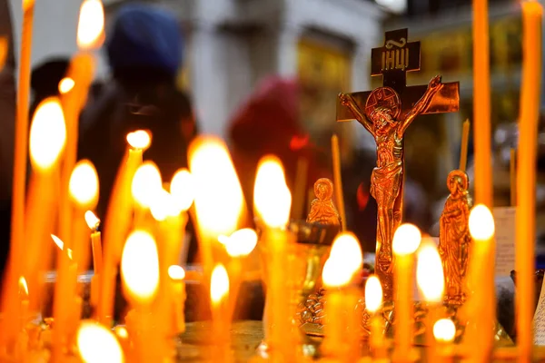 Panakhida Begräbnisliturgie Der Orthodoxen Kirche Christen Zünden Kerzen Vor Dem — Stockfoto
