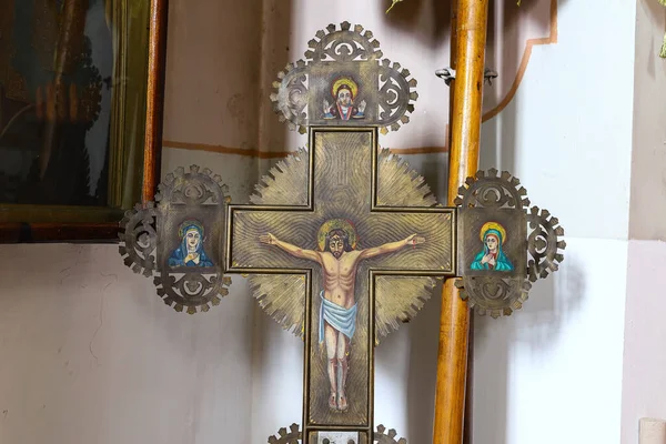 Una Antigua Cruz Ortodoxa Cobre Con Icono Crucifixión Del Salvador — Foto de Stock