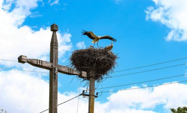 Leylekler, İsa Mesih 'in çarmıha gerildiği ahşap bir haçın yanına elektrik direğinin üzerine bir yuva inşa ettiler. Bulutlu mavi gökyüzünün arka planında leylekler olan bir yuva. Din ve doğa teması