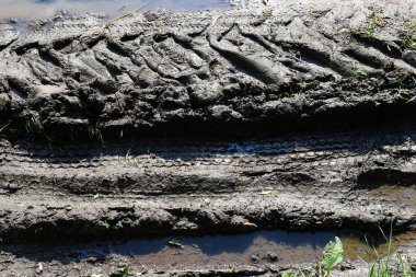 Bataklıktaki traktör tekerleklerinin tek renkli lastik izleri. Kırsal arazi yolu, hepsi bataklıkta. Bataklıkta lastik izleri.