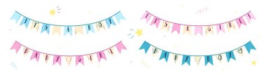 A set of colorful garlands for the birth of a baby boy and baby girl. Vector design elements for baby shower invitations, posters or banner with blue and pink typography design, stars and flags. Flat style design