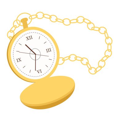 Pocket watch vector illustration in a flat style. Gold watch on a chain in vintage style. Icon for design and applications. Vector watch isolated on a white background