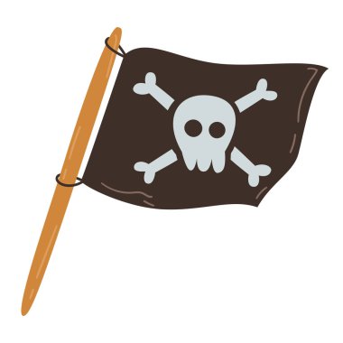 Torn pirate flag with white skull and bones icon. Waving black vector flag with crossbones emblem. Vector flat illustration isolated on white background