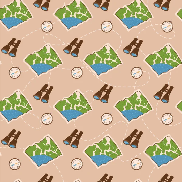Seamless vector pattern. Mountain hiking equipment. Compass, binocular and map. For design and prints, stickers, sport and touristic business.