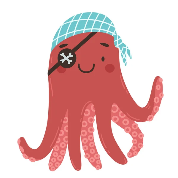 Cute Cartoon Pirate Octopus Eyepatch Bandana Cartoon Vector Illustration Animal — Stockový vektor