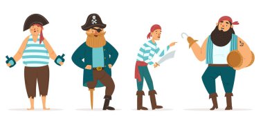 Happy pirates vector set. Four different characters: the captain of the ship, a young cabin boy and two big sailors. One-legged, one-armed and one-eyed pirates. Bottles and barrels of rum. Vector character illustration isolated on white background