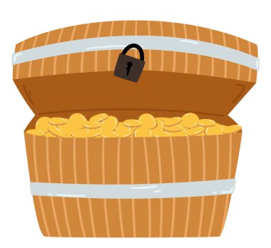 Vector illustration of open treasure chest. Pirate booty. Gold coins inside a treasure chest. Pirate concept vector illustration isolated on white background