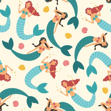 Seamless pattern with cute mermaids in a flat style. Shells and starfish. Mermaids dynamically swim together. Vector illustration of two charming mermaids with braids and red long hair. Graphic print for fabrics, gift paper, cards and baby items