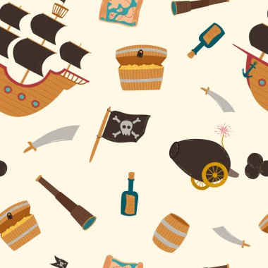 Pirates object vector seamless pattern. Pirate's spyglass, ship. barrel of rum, cannon, flag and treasure chest. Graphic print for fabrics, gift paper, cards and baby items
