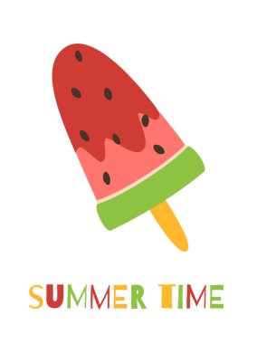 Ice cream in the shape of a watermelon wedge in a flat style. Summer time text. Colorful vector illustration. Cute summer card design.