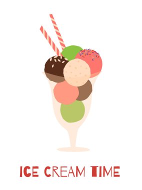 Ice cream flat illustration with fun quote. The only thing i want is ice cream. Three scoops of ice cream with sprinkling in a bowl. Summer card design.