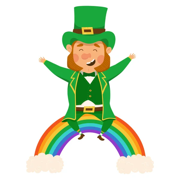 Funny and cute leprechaun on the bright rainbow. Vector illistration for St. Patricks day. Happy man in a green suit and hat. Isolated on a white background.