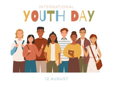 Group of multicultural students flat vector illustration. International Youth Day. Isolated characters on white background. Happy teenager in casual clothes. Youth lifestyle. Illustration for banners