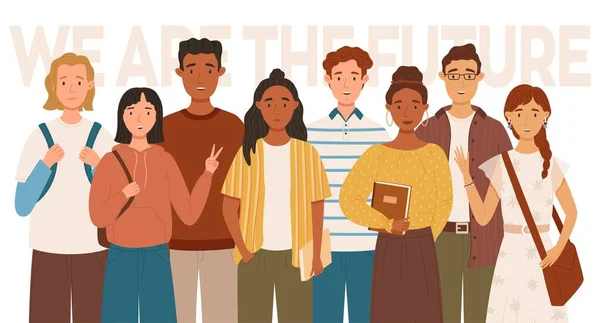 Группа Мультикультурных Студентов Плоские Векторные Иллюстрации Международный День Молодежи Будущая — стоковый вектор