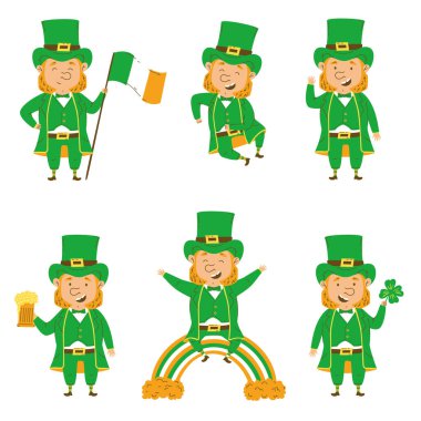 St. Patrick's Day set of happy leprechauns in a flat style. Vector Illustration isolated on a white background. Pot of gold, beer, shamrock, rainbow, Irish flag. For design and stickers